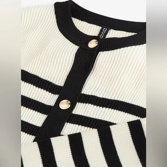 H&M Rib Knit Striped Gold Button Cardigan Sweater - Picture 2 of 11